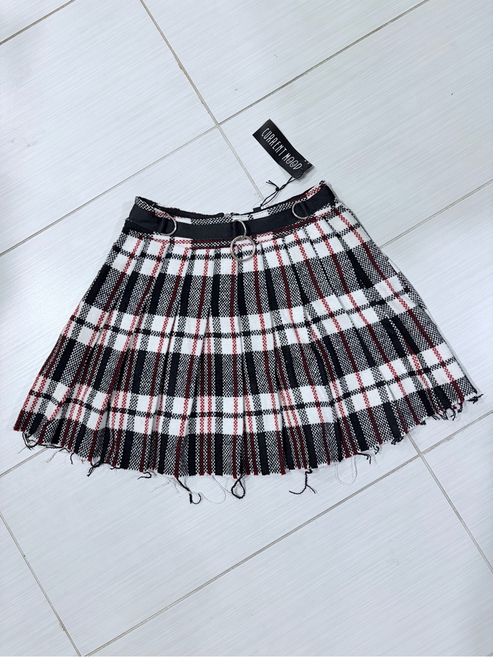 NWT Dolls Kill Current Mood Black Pleated Plaid Mini Skirt with Belt Rings